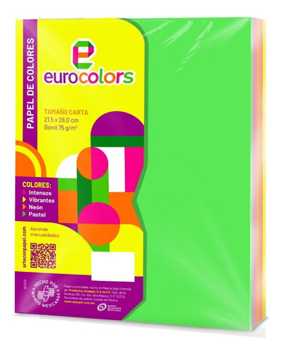 100 Hojas Colores Neón Arcoíris Eurocolors Tamaño Carta
