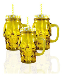 3pz Tarros Calavera Vaso Frasco Vidrio Mason Jars Cerveza Color Amarillo