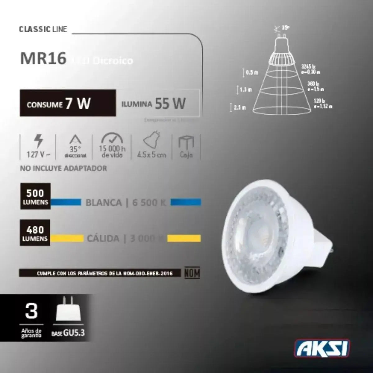 Foco Led Mr16 Dicroico Aksi 7w Base Gu5.3 Luz Blanca - Aksi