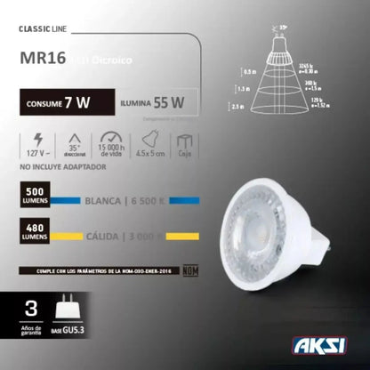 Foco Led Mr16 Dicroico Aksi 7w Base Gu5.3 Luz Blanca - Aksi