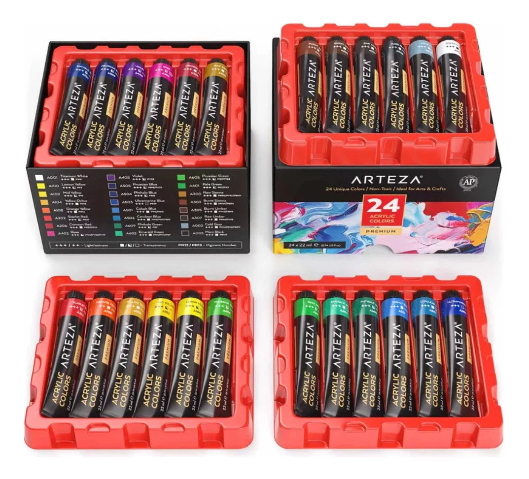 Set 24 Tubos Pinturas Acrilicas Colores Surtidos 22ml Arteza