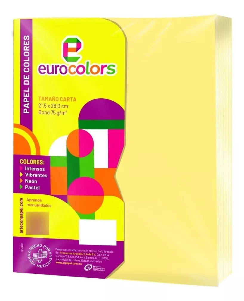 100 Hojas Color Pastel Eurocolors Tamaño Carta Color Elegir