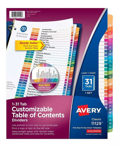 31 Separador Pestañas Numericas Avery Carpeta Multicolores