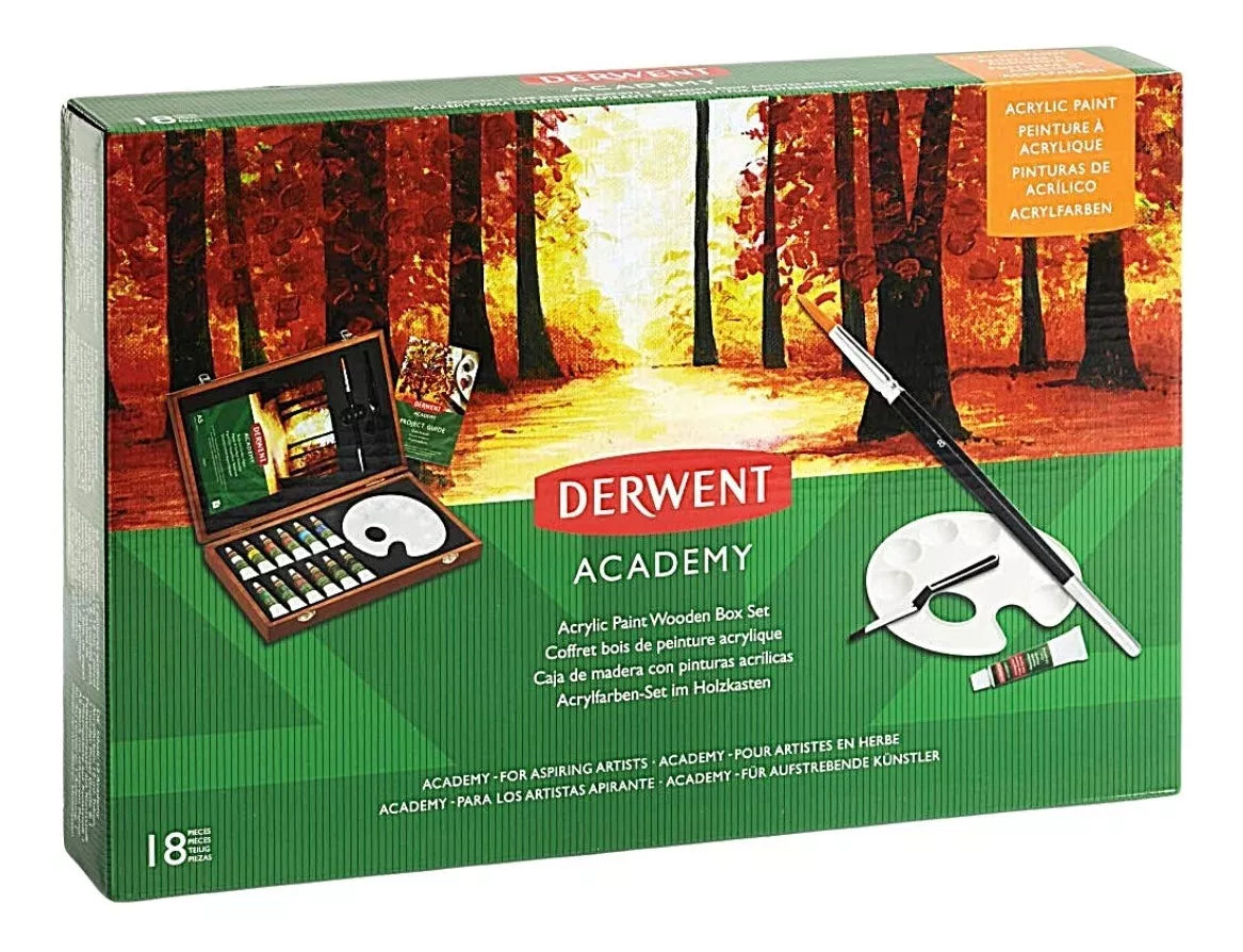 Set Regalo Madera Pintura Acrilica Tubo Derwent Academy 18 Piezas