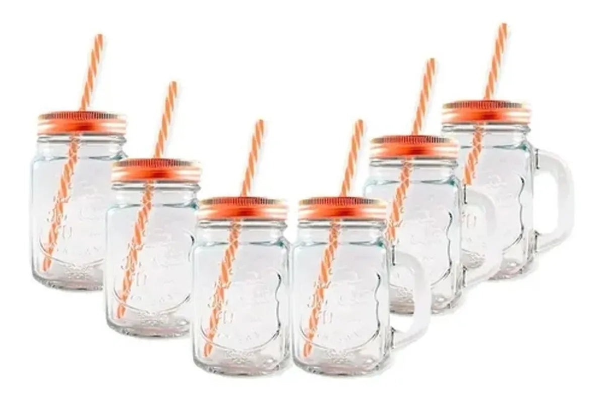 6 Tarros Mason Jar Ice Cold Drink Tapa Cobre Popote