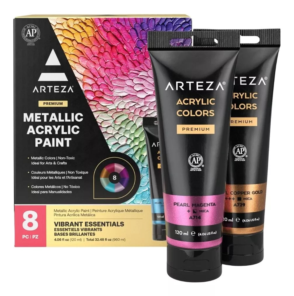 8 Pinturas Acrilicas Metalicas Arteza 120 Ml Vibrant - Marchante MX
