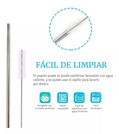 Popotes Ecológicos Acero Inoxidable Reusable Recto 4 Piezas