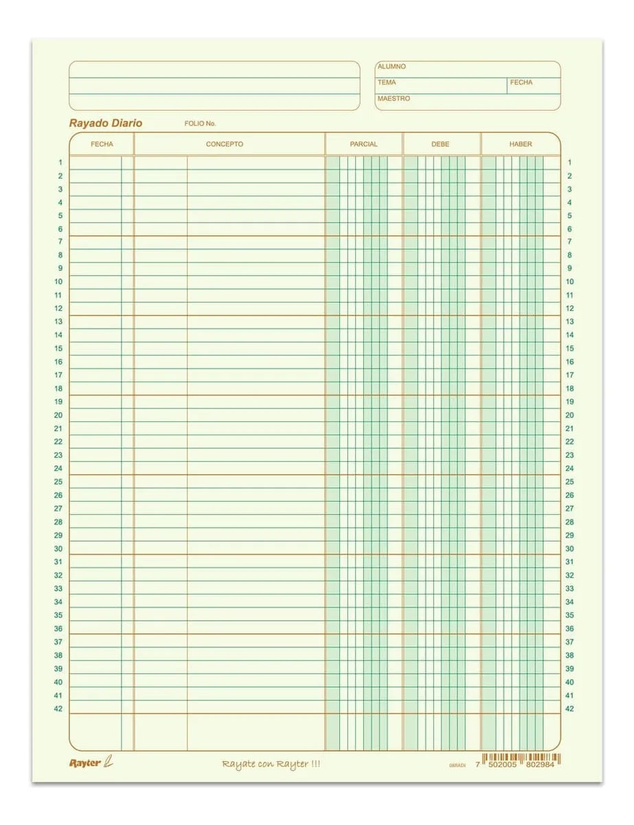 Block 50 Hoja Rayado Diario Rayter Verde Optico Contabilidad