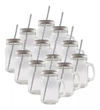 12 Tarros Mason Jars Ice Cold Drink Tapa Y Popote Asa Vaso - MarchanteMX