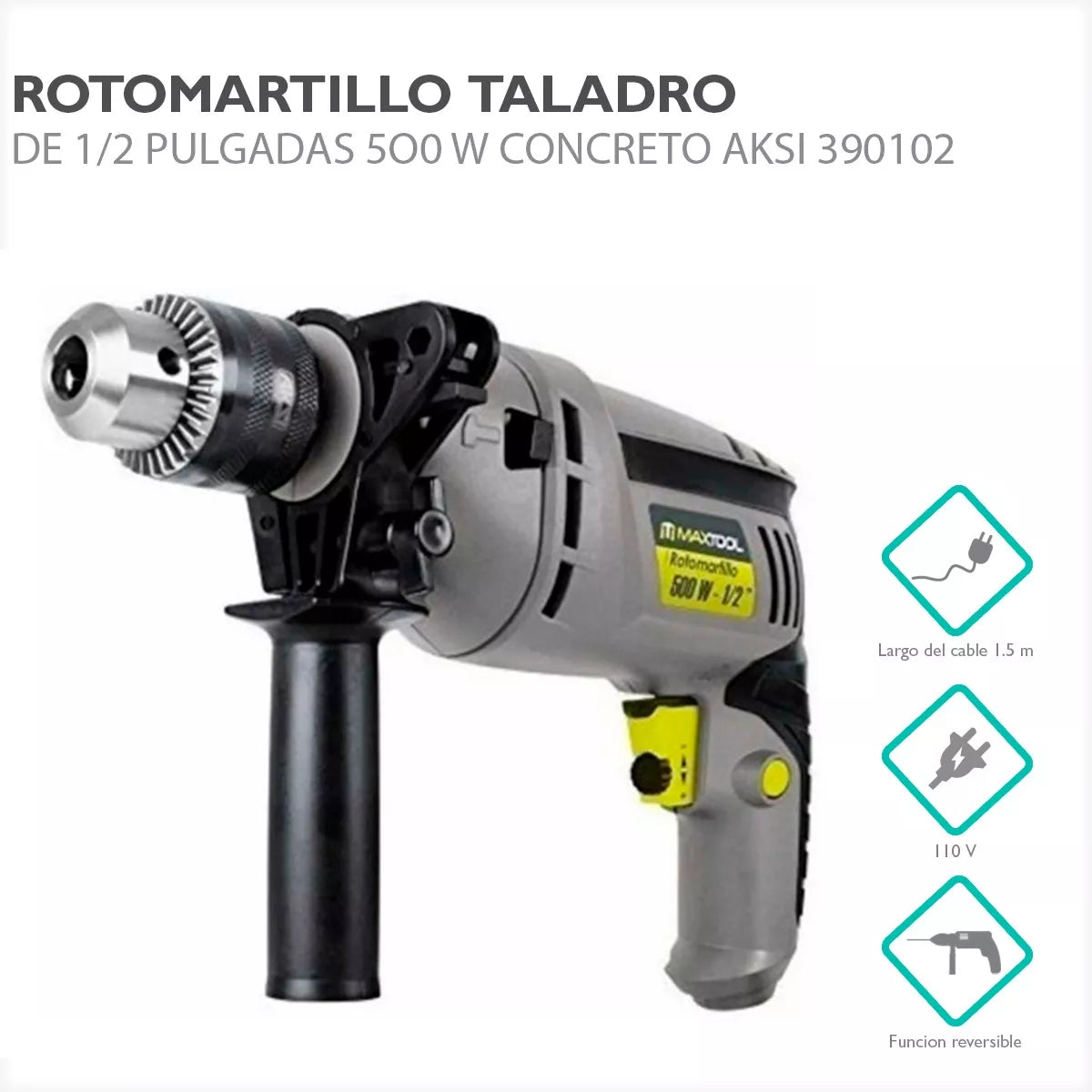 Rotomartillo Gris Aksi 1/2" 500W Profesional Concreto, Madera y Metal