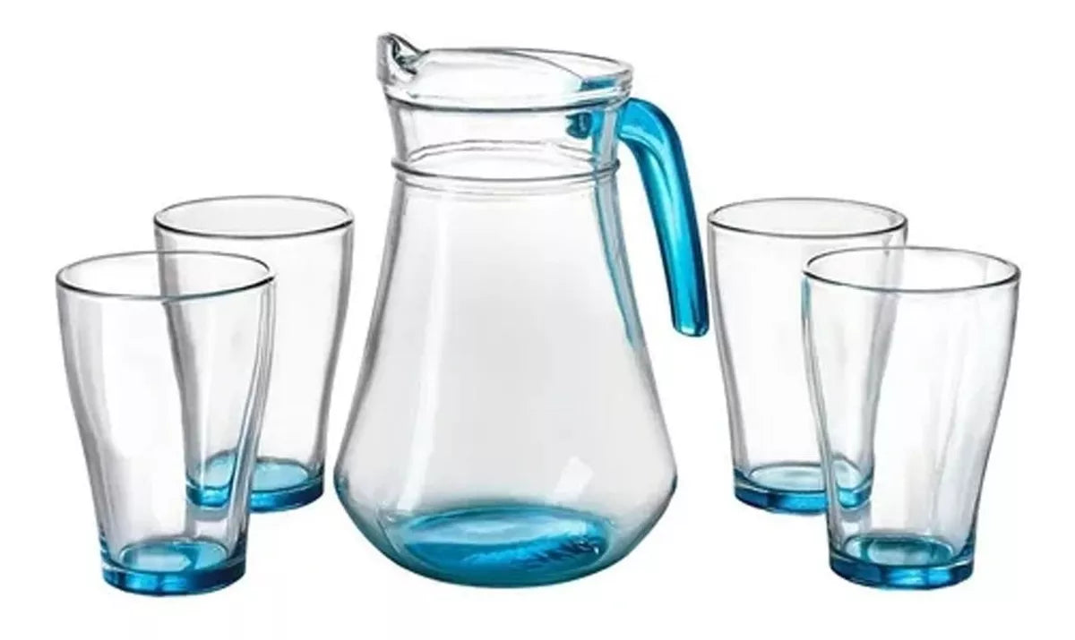 Juego Jarra + 4 Vasos De Vidrio Colores Set Agua Atomatizado