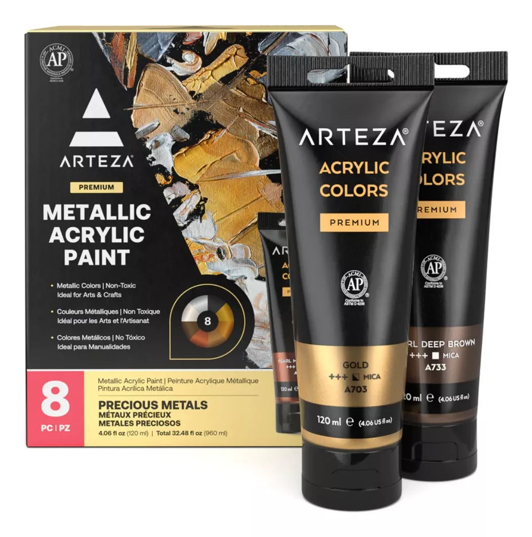 Set 8 Pinturas Acrilicas Tubos 120ml Tono Metales Arteza