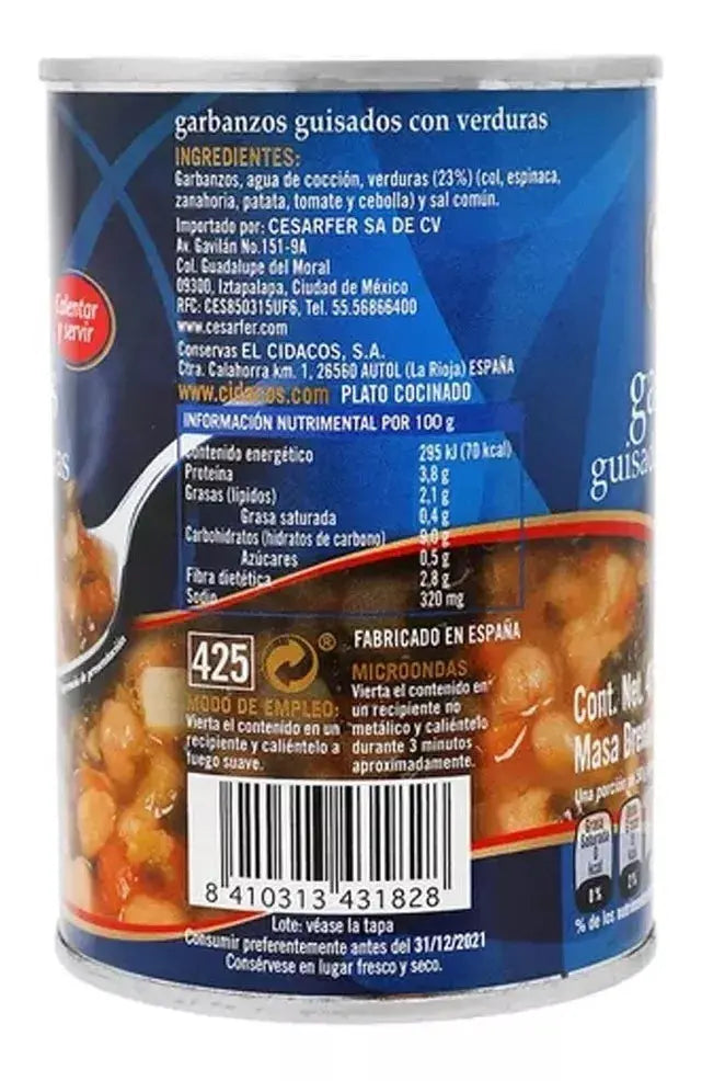 Garbanzos con Verduras 425g - cidacos - detalle