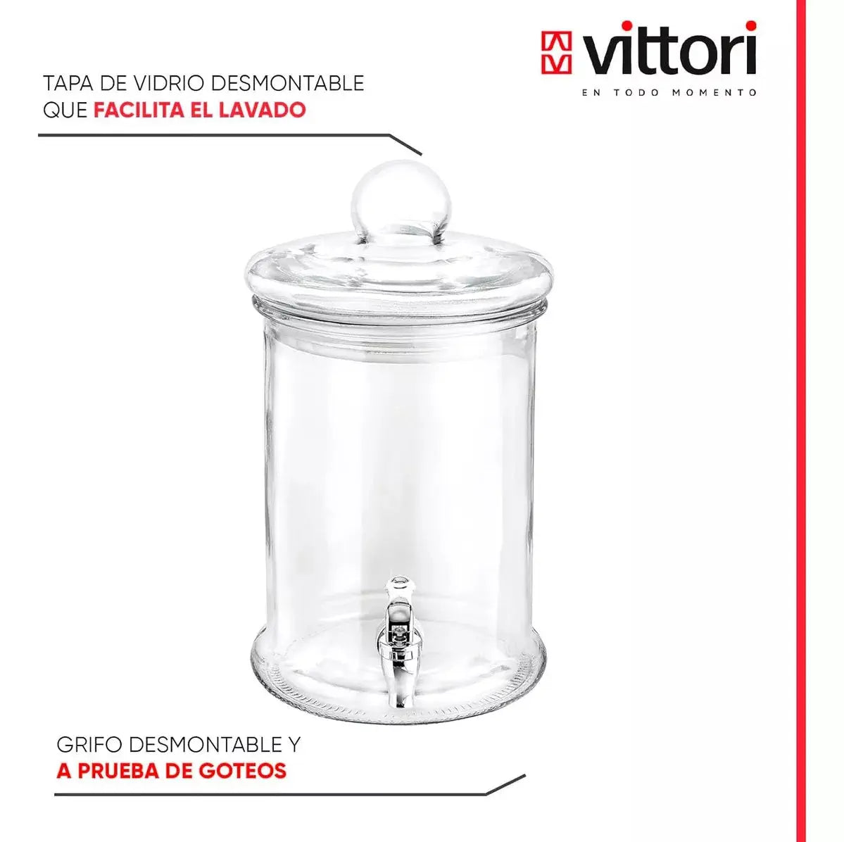 Dispensador Vitrolero 4.8l Tapa Canica Vidrio Cristalino - Vittori - vista lateral