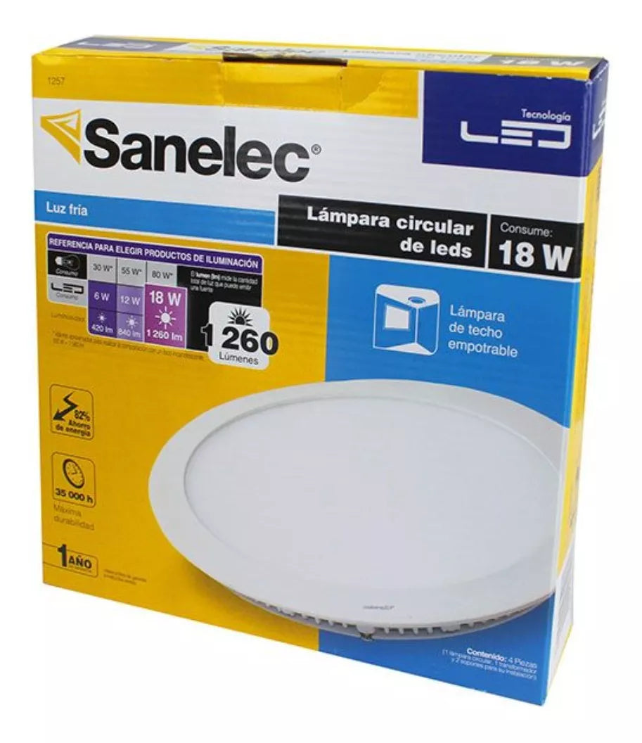 Panel Circular Led Empotrar Luz Fria Sanelec 18w Luminario