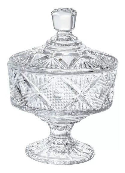Azucarera Dulcero Bombonera Vidrio Cristal Labrado Tapa