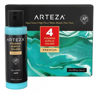 ARTEZA Acrylic Pouring Paint, Set of 4 Colors, 118.3 ml, 4 oz. Bottles, Aqua Tones, High-Flow Acrylic Paint, No Mixing Needed, Art Supplies for Pouring on Canvas, Glass, Paper, Wood, Tile, and Stones - Arteza - vista lateral