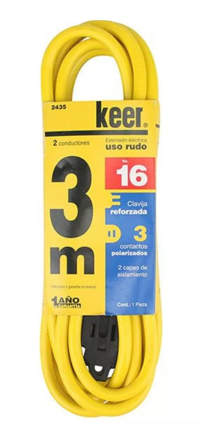 3m Extensión Amarilla 2 Conductores Keer Uso Rudo Calibre 16