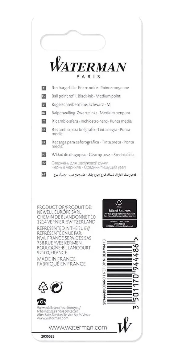 Repuesto Pluma Punto Medio Ballpoint Tinta Negra Waterman - Waterman - vista trasera
