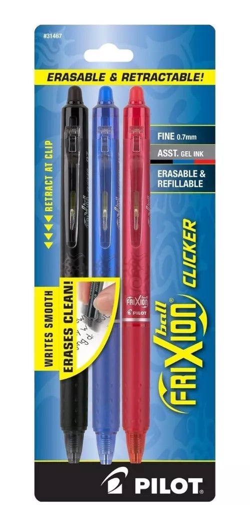 3 Plumas Pilot Frixion Clicker Retractil Tinta Borrable Gel