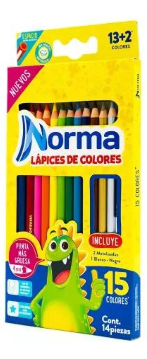 Caja 15 Lapices Colores Norma 12+3 Punta Gruesa Escolares