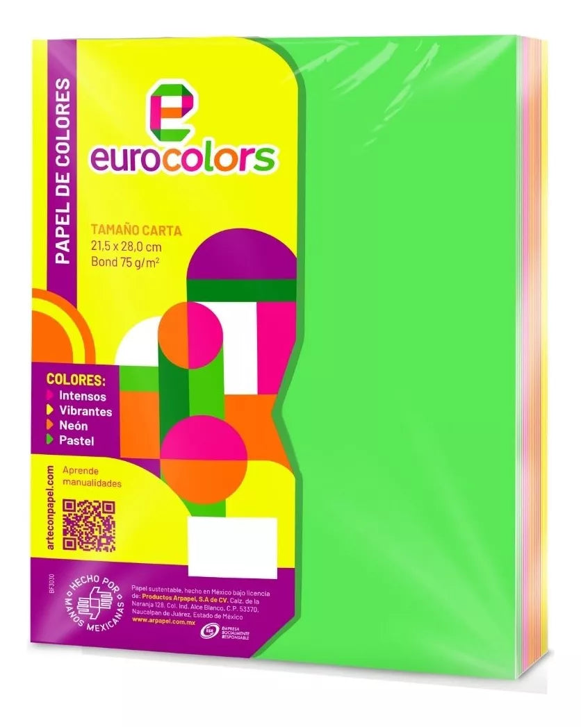 100 Hojas Colores Neón Arcoíris Eurocolors Tamaño Carta