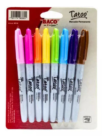 8 Marcadores Permanente Tatoo Baco Punta Fina Color Surtidos - Marchante MX
