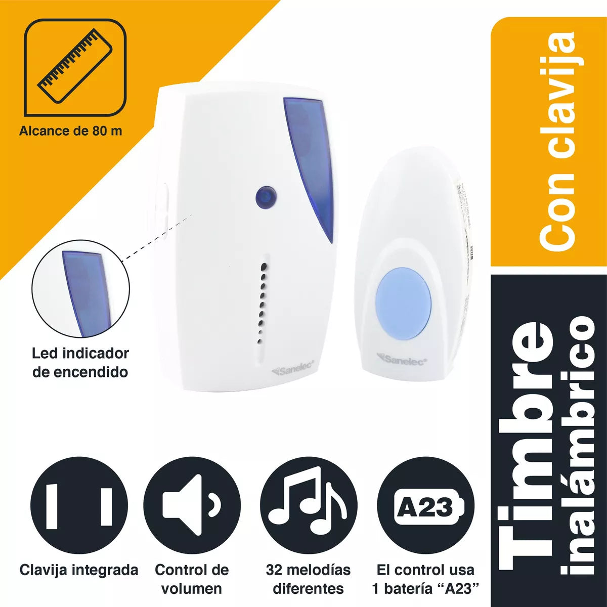 Timbre Inalámbrico C/clavija Sanelec Led Azul Alcance 80m