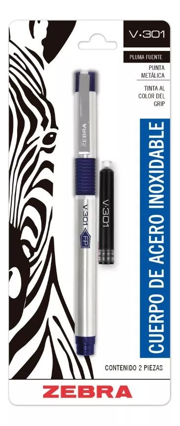 Pluma Fuente Zebra Blister Tinta Negra Recargable Acero Inoxidable