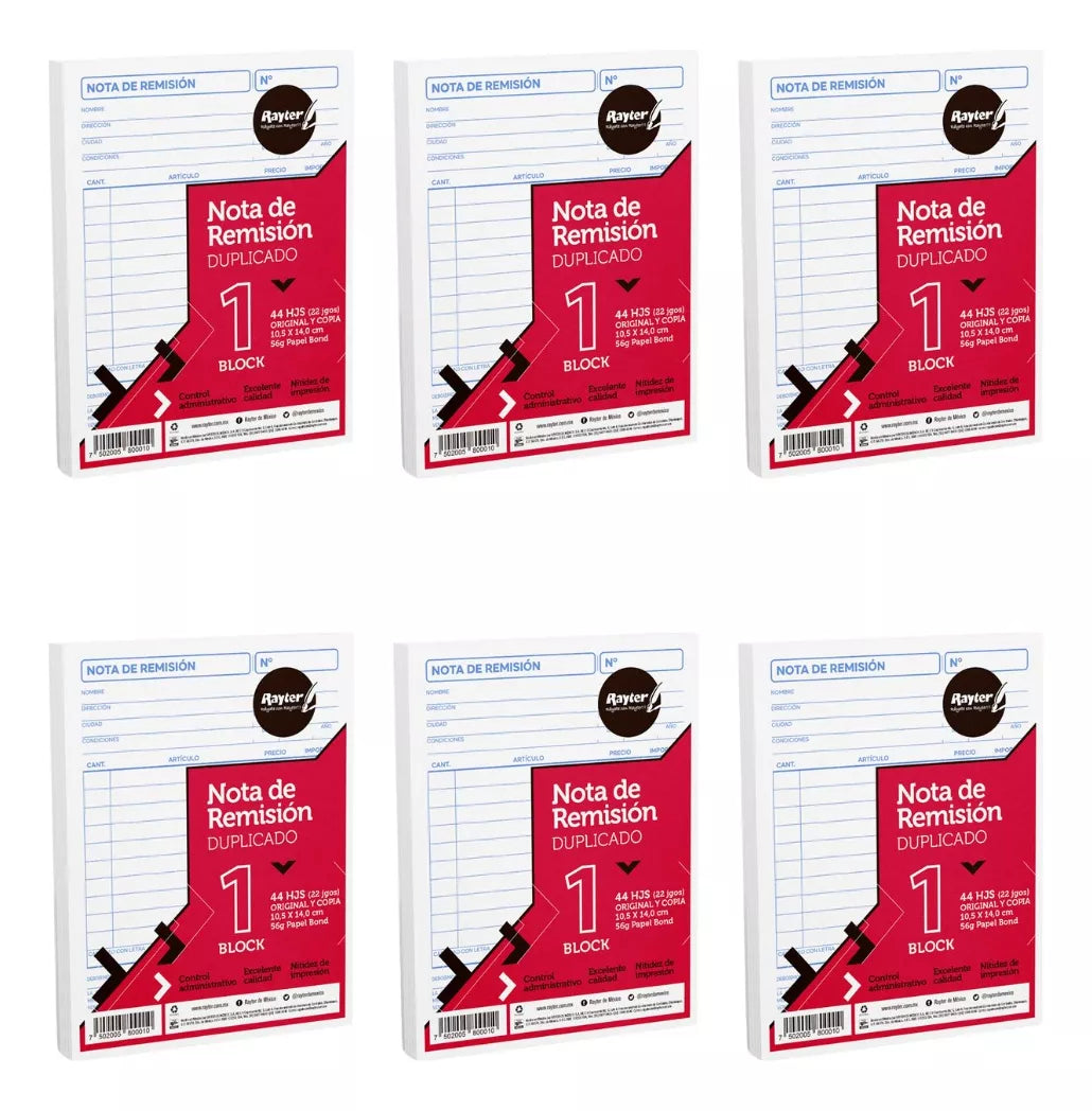 6 Block Notas Remisión Duplicado Rayter 1/4 22 Juegos C/u