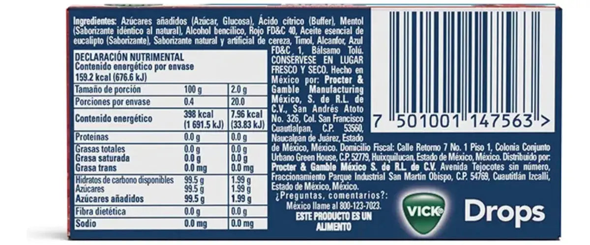 Pastillas Drops Vick Caja 20 Piezas Sabor Cereza Refrescante - KCTS - vista lateral