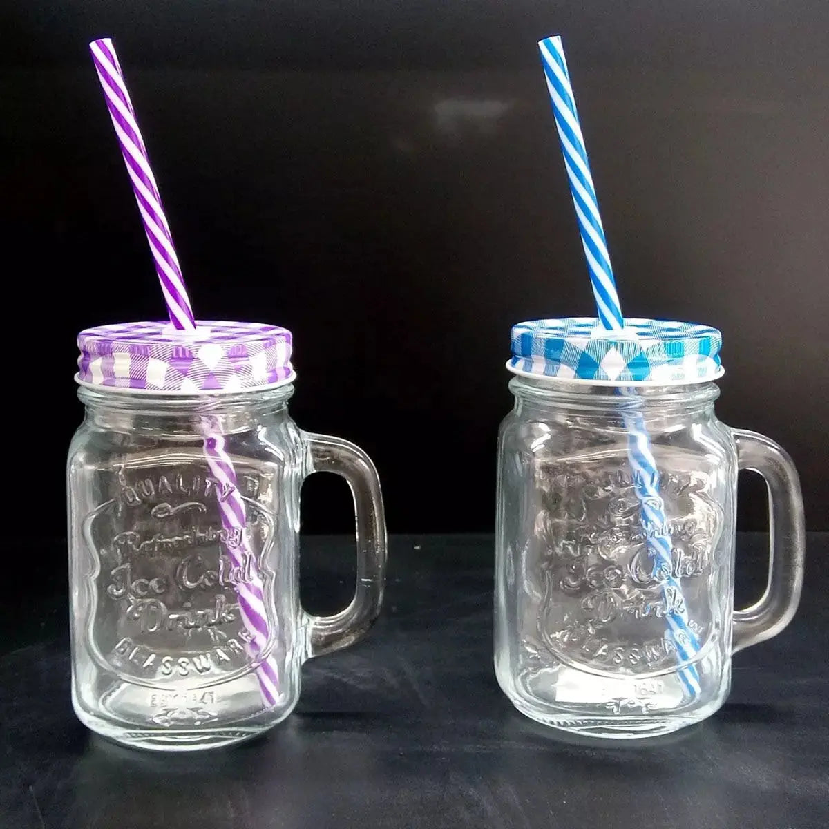 12pz Frasco Mason Jar Grabado 480ml Tapa Popote Vidrio Color - URREA - vista trasera