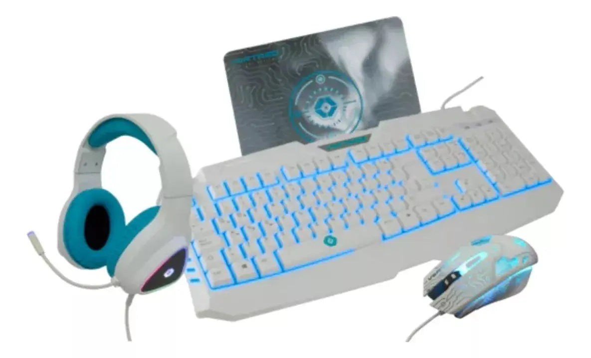 Kit Gamer Teclado Mouse Audifonos Mousepad Vortred Blanco - Vortred - empaque
