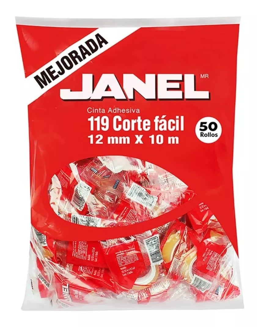 50 Cinta Adhesiva Janel Corte Facil Transparente 12mmx10m