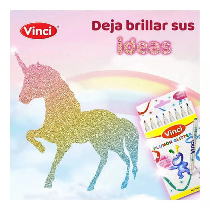 Marcador Plumón Vinci Glitter 100% Lavable No Tóxico Set 8 Piezas - Marchante MX