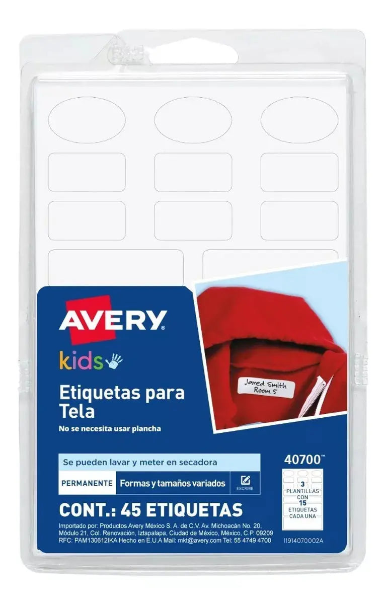 45 Etiqueta Blancas Avery Ropa Tela Niños Formas Lavables - Avery - empaque
