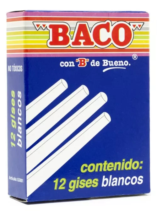 Caja 12 Gises Moldeados Color Blanco Baco Tizas Pizarron