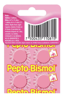 Pepto Bismol 4 Tabletas Masticables Cubre Protege Alivia