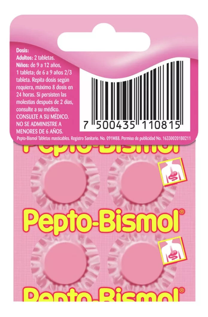 Pepto Bismol 4 Tabletas Masticables Cubre Protege Alivia