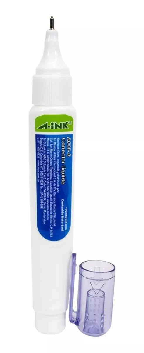 12pz Corrector Liquido 8ml A-ink Tipo Pluma Punta 0.8m