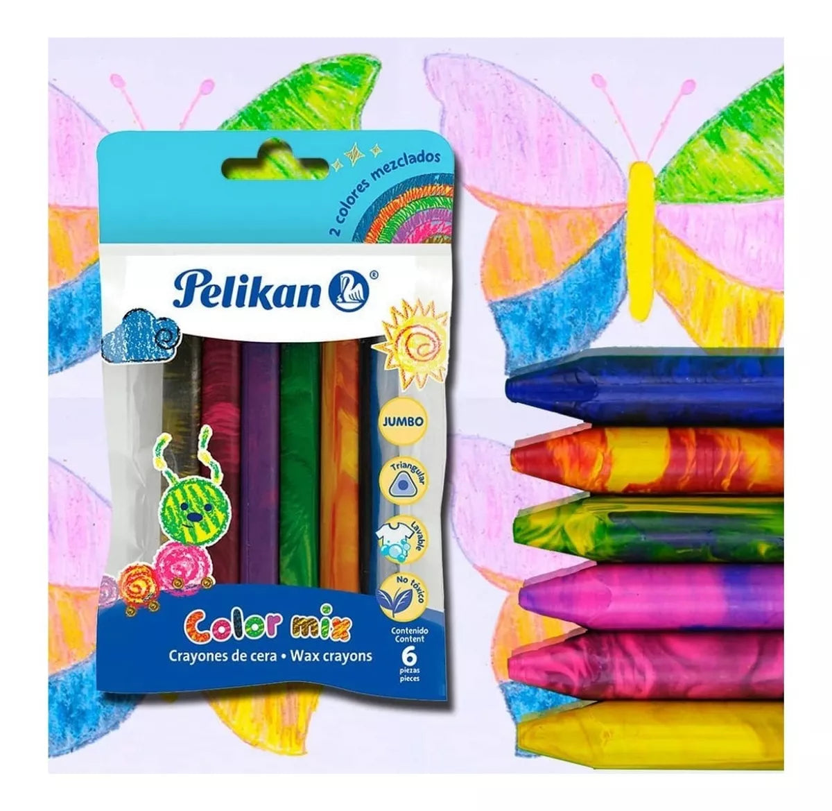 6 Crayon Jumbo Cera Color Mix Pelikan Escolar Niños Dibujo