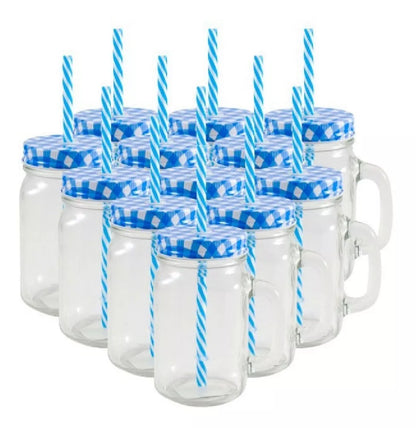 12 Tarros Mason Jars Ice Cold Drink Tapa Y Popote Asa Vaso - MarchanteMX