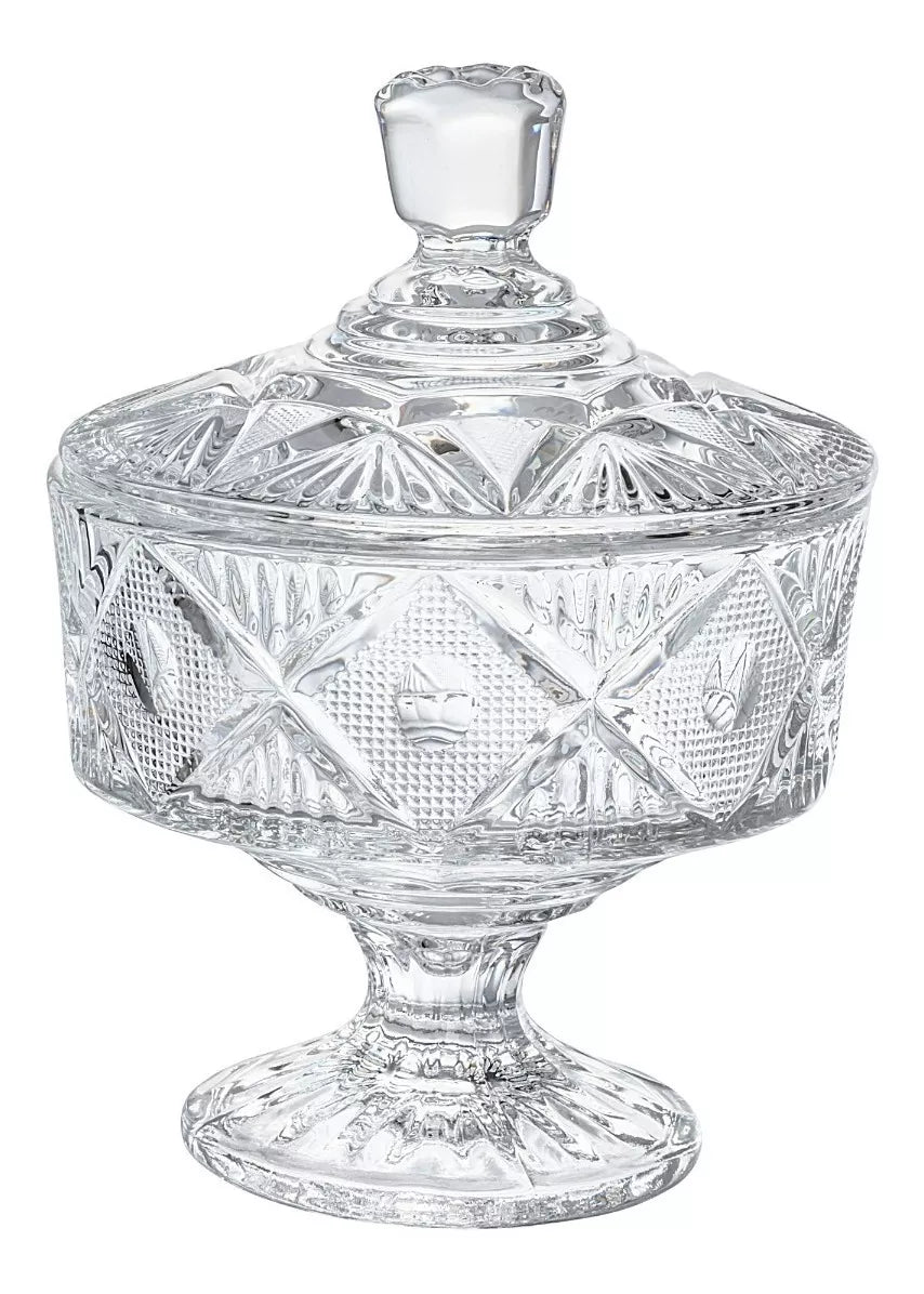 Azucarera Dulcero Bombonera Vidrio Cristal Labrado Tapa