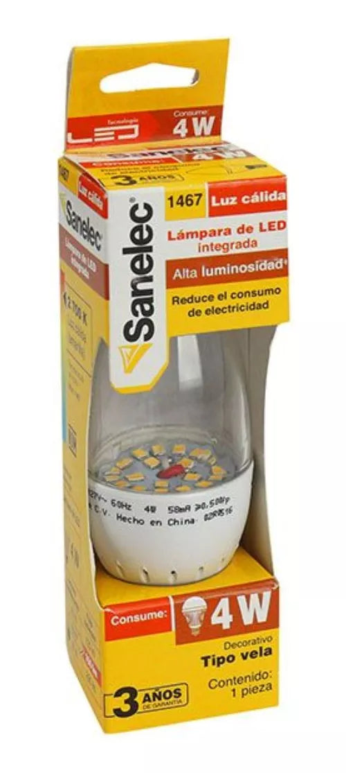 Foco Led 4w Sanelec Tipo Vela Luz Cálida Base E27
