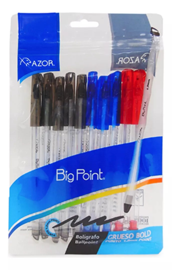 10 Boligrafos Big Point 1.2mm Azor Punta Gruesa Colores