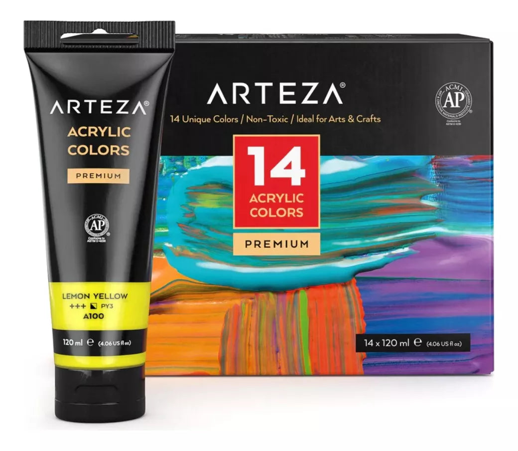 Set 14 Tubos Colores Vibrantes 120ml Pintura Acrílica Arteza