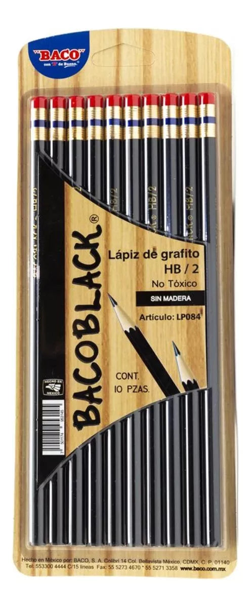 10pz Lapiz De Grafito Hb/2 Bacoblack Blister C/borrador