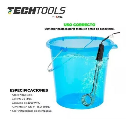 Calentador De Inmersión Para Agua 35lt 127 V 2000w Techtools Color Negro Potencia 2000 W - Marchante MX