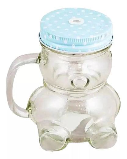 Name: 6 PIEZAS Frasco Mason Oso C/Tapa Lunares y Popote 380ml AZUL - Vittori - vista lateral