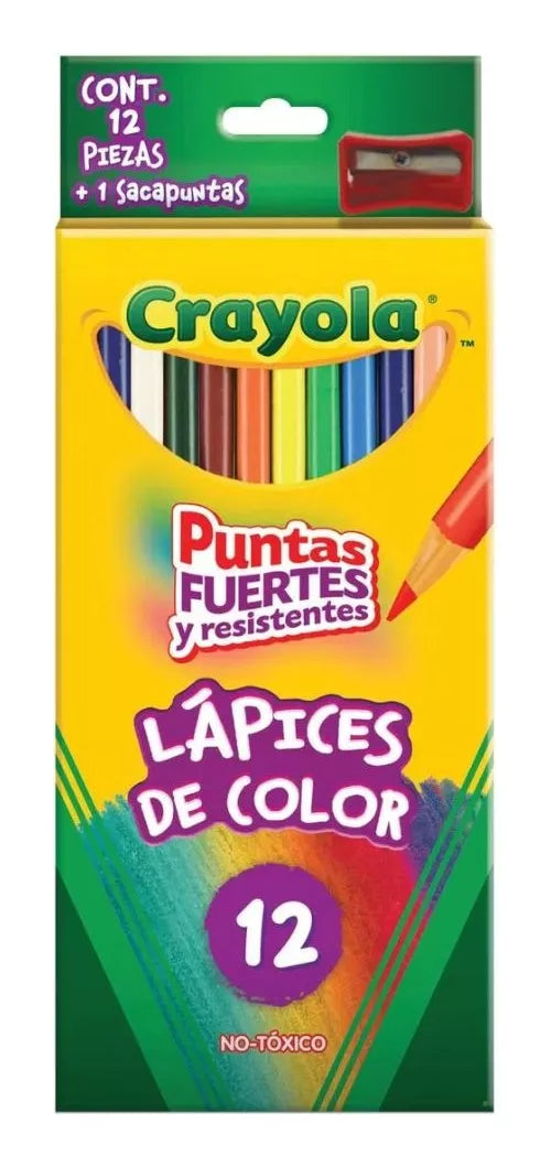 Caja 12 Lapices Colores Redondos + Sacapuntas Dibujo Crayola